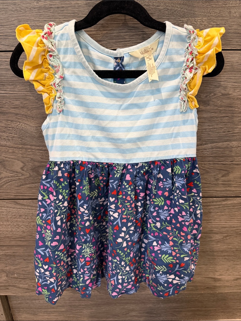 Matilda Jane Girls' Blue Stripe & Navy Floral Top with Yellow Ruffle Sleeves